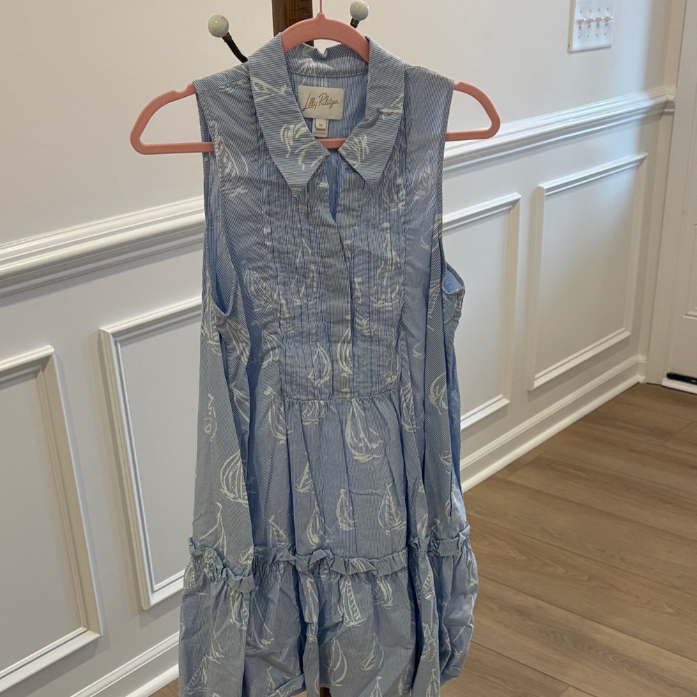 Lilly Pulitzer Blue and White Striped Collared Dress with sailboats size medium